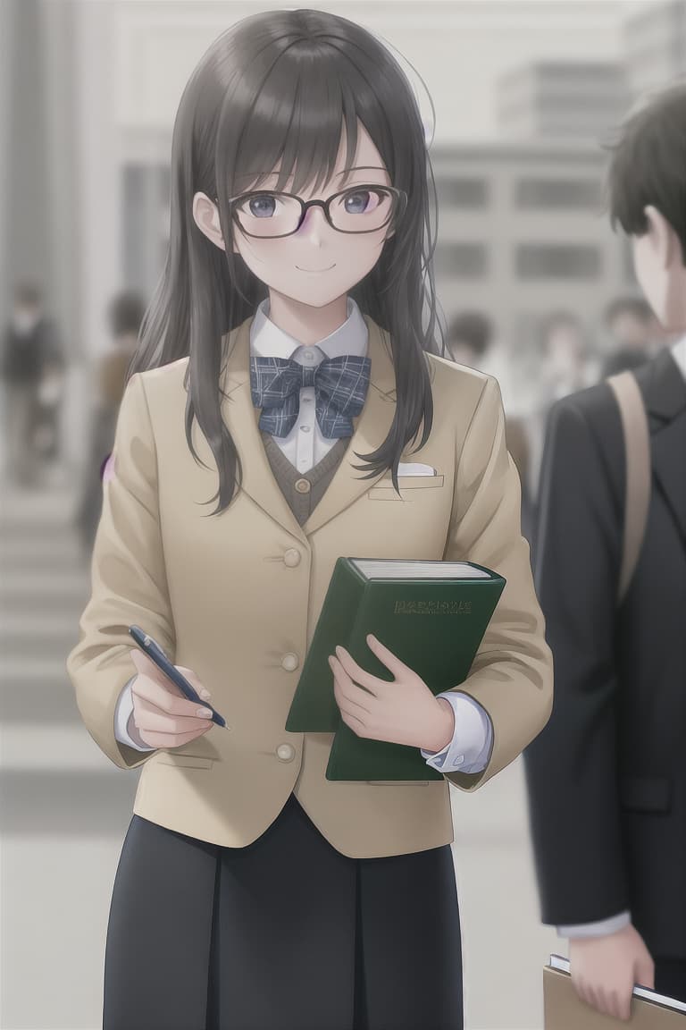 ((((masterpiece)))), best quality, very_high_resolution, ultra-detailed, in-frame, girl, wearing blazer, uniform, tied hair, glasses, confident smile, studious, book in hand, backpack, neat appearance, pencil behind ear, standing in front of gate, surrounded by friends, looking determined, youthfulness, academic, diligent, ambitious