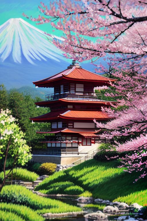  My Fuji in the far distance. in the foreground on top of a hill is a 4 story pagoda on the right. There’s a stream in front of the pagoda going down the path into the distance. On the left in the foreground is a circle statue in the middle on a small zen garden. There are large cherry blossoms branches with flowers in bloom in the foreground. Render in impressionistic style paint with visible brush strokes , scaled for a 16” x 20” canvas oriented in landscape