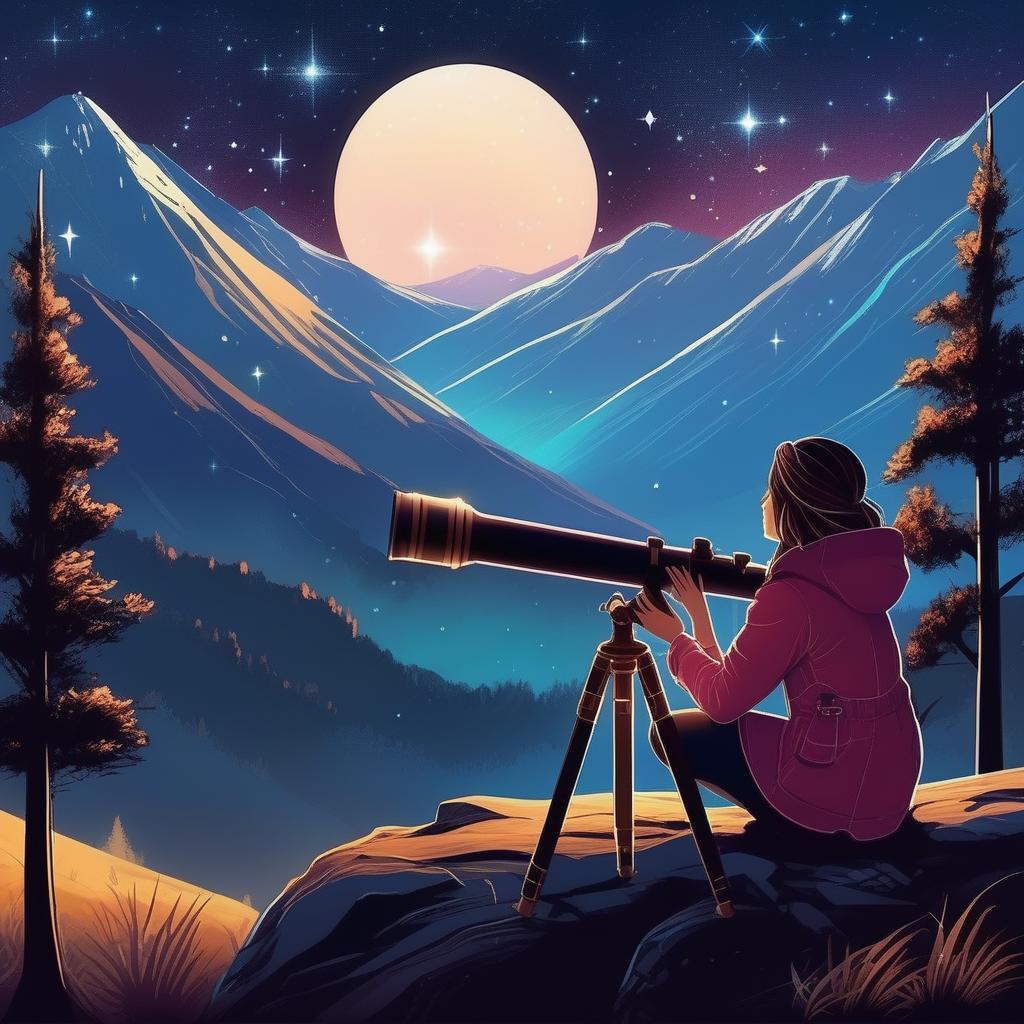  concept art A girl in the mountains looks at the stars through a telescope . digital artwork, illustrative, painterly, matte painting, highly detailed
