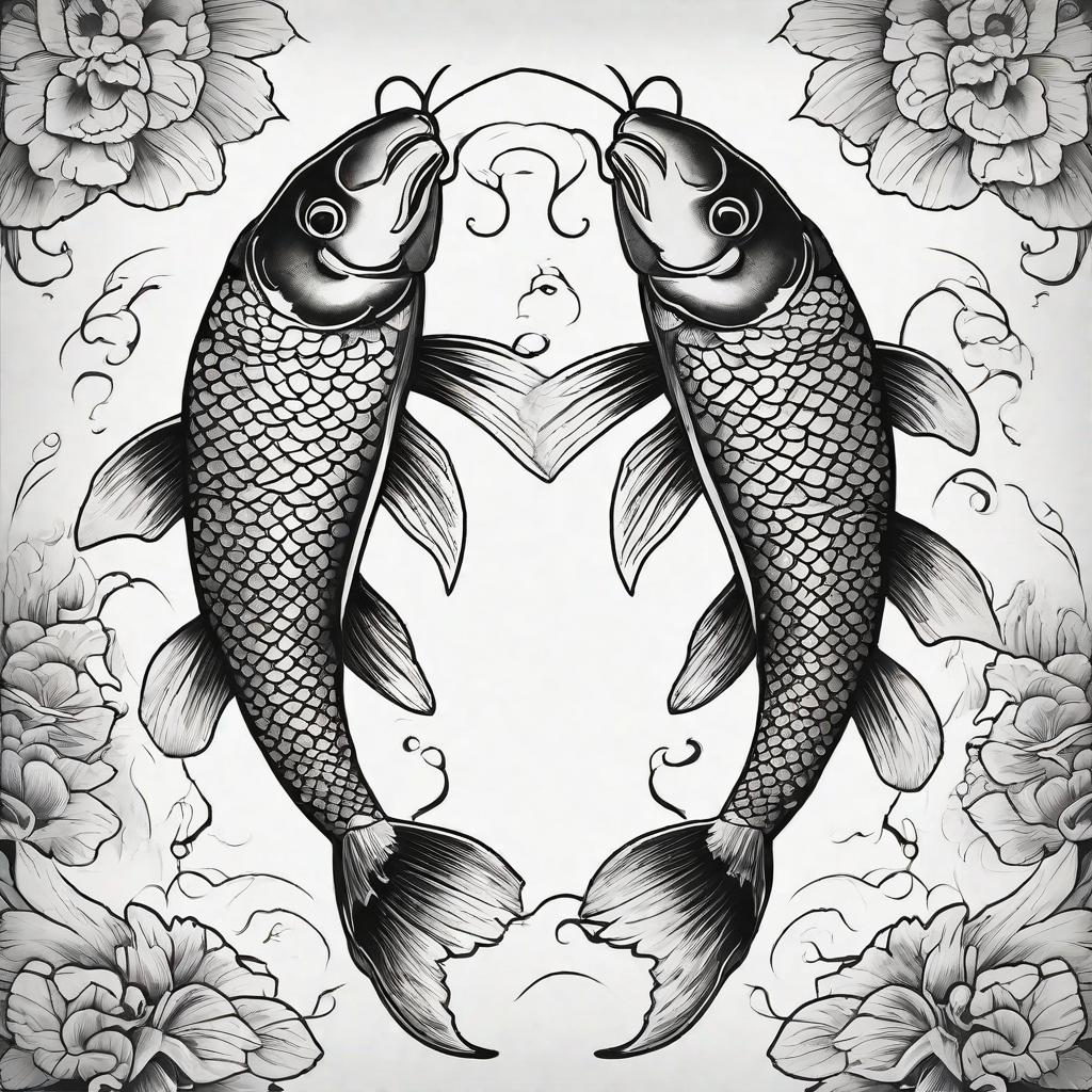  masterpiece, best quality, an extra wide koi fish tattoo of two koi fish facing each other with some simplistic art between them and no background in black and white