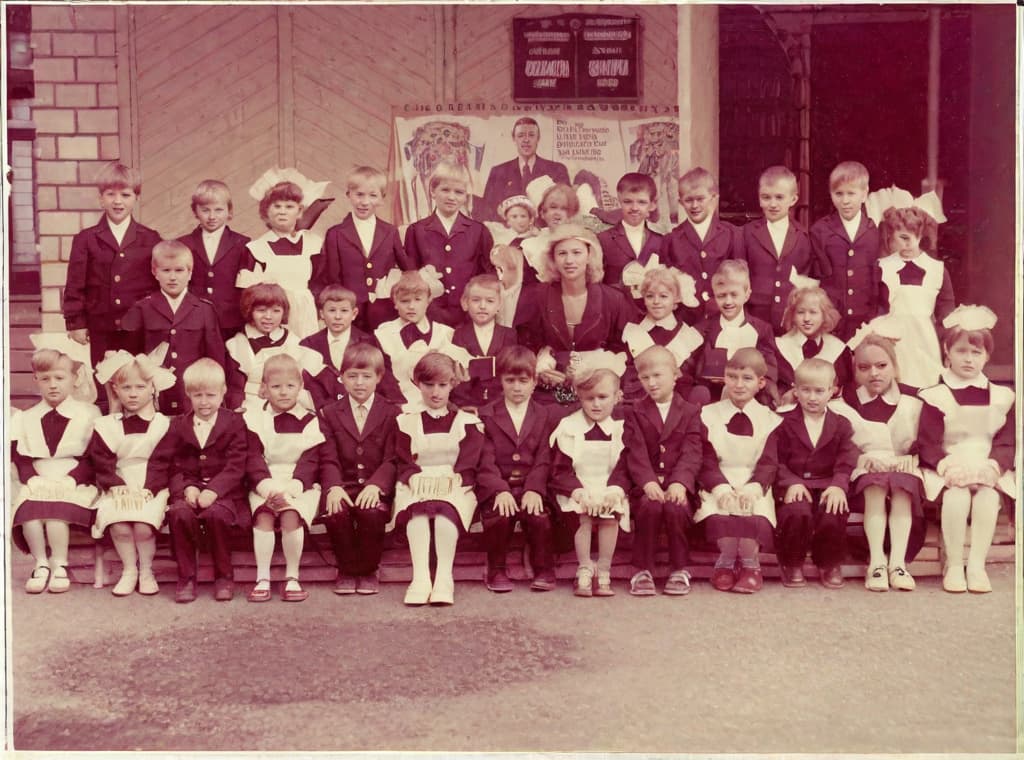  This photo was taken on September 1st 1986, exactly 128 days, or 4 months and 4 days, after the Chernobyl catastrophe took place. It captures my first day at in Gomel, Belarus. I had just turned that summer. In the photo, one can see my clmates and our teacher. Some are standing with their arms hanging beside their bodies, while others are seated on a low bench with their hands neatly placed on their . The students are arranged in three lines: 10 in the 3rd (top) back line, 9 in the 2nd (middle) line, and 13 in the 1st front line, totaling 32 students. There are 17 boys and 15 s, distinguished by the dress code. My friend Genadi is 4th from the right in the 3rd (top) line. I am seated in the very center of the