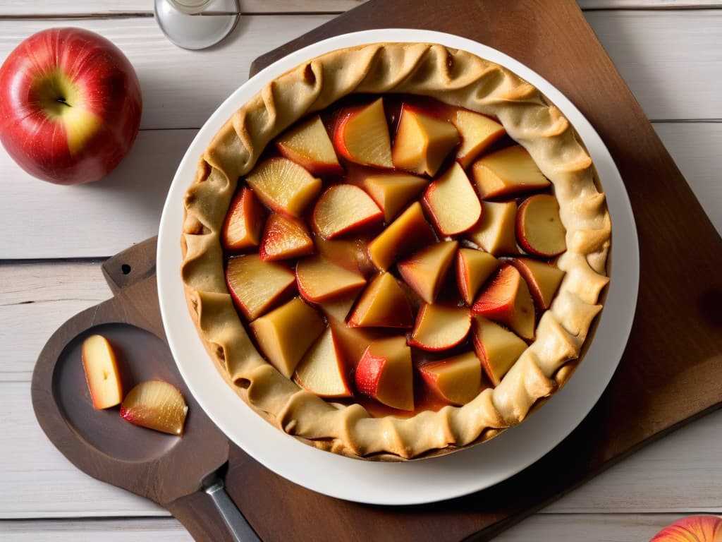  An ultradetailed closeup image of a freshly baked apple pie with a golden, flaky crust, topped with a dollop of homemade applesauce made from pureed apples. The pie sits on a rustic wooden table, with a few whole apples scattered around it, showcasing the natural sweetness and versatility of applesauce in baking. The lighting is soft and warm, highlighting the textures of the pie crust and the glossy sheen of the applesauce. hyperrealistic, full body, detailed clothing, highly detailed, cinematic lighting, stunningly beautiful, intricate, sharp focus, f/1. 8, 85mm, (centered image composition), (professionally color graded), ((bright soft diffused light)), volumetric fog, trending on instagram, trending on tumblr, HDR 4K, 8K