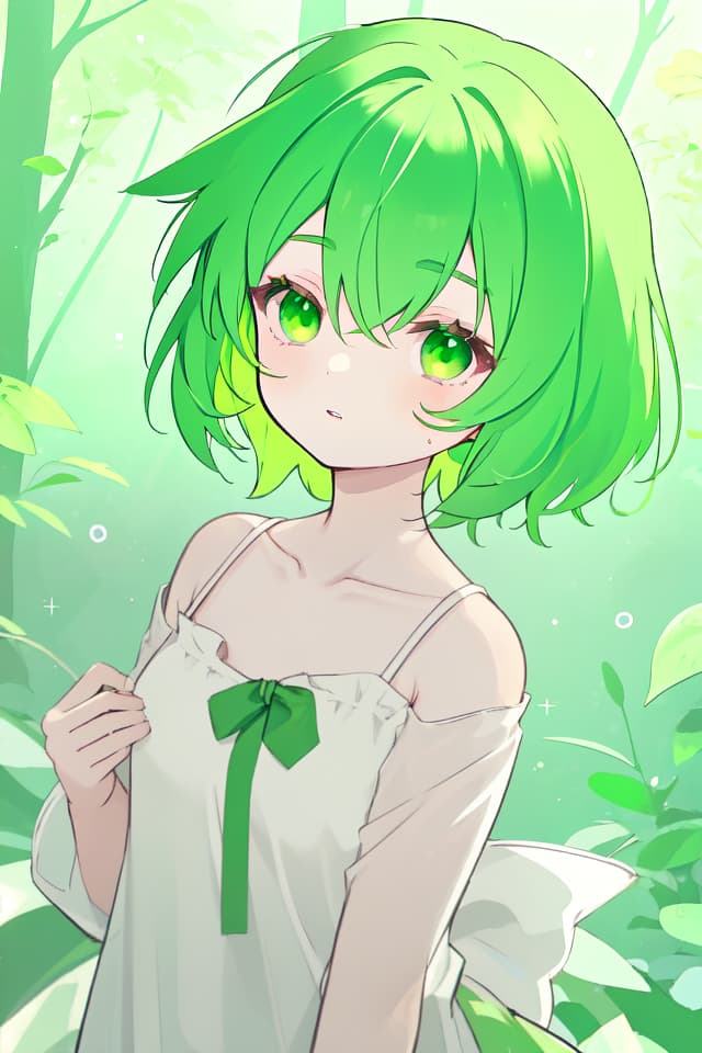  Green hair character of beautiful collarbone