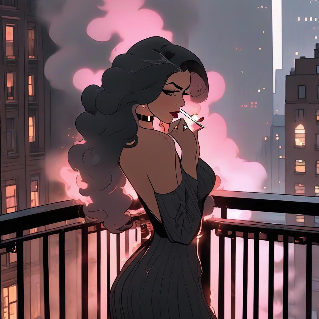  Hello, please create an image based on the following excerpt. A smoking a cigarette on a balcony with a view of a rainy, dark New York at night. The colors should be darker and more gloomy. The is standing with her back to us, looking at the city. Add more tall buildings and a larger scale, and make the more sad and thoughtful, looking at the smoke in a black dress. The city should be even larger, darker, and foggier with the rain. The is in slightly , clinging clothes and messy, long, dark, slightly damp hair, huddled up at the railing. The image should be more dramatic. Only the has black straight hair sticking to her body. Her elbows are on the railing, she's looking far away, and her smoke is rising. hyperrealistic, full body, detailed clothing, highly detailed, cinematic lighting, stunningly beautiful, intricate, sharp focus, f/1. 8, 85mm, (centered image composition), (professionally color graded), ((bright soft diffused light)), volumetric fog, trending on instagram, trending on tumblr, HDR 4K, 8K