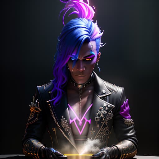  A magician at work, voodoo, neon, lightning, toxic punk AI, (Extremely Detailed Oil Painting:1.2), glow effects, godrays, Hand drawn, render, 8k, octane render, cinema 4d, blender, dark, atmospheric 4k ultra detailed, cinematic sensual, Sharp focus, humorous illustration, big depth of field, Masterpiece, colors, 3d octane render, 4k, concept art, trending on artstation, hyperrealistic, Vivid colors, extremely detailed CG unity 8k wallpaper, trending on ArtStation, trending on CGSociety, Intricate, High Detail, dramatic hyperrealistic, full body, detailed clothing, highly detailed, cinematic lighting, stunningly beautiful, intricate, sharp focus, f/1. 8, 85mm, (centered image composition), (professionally color graded), ((bright soft diffused light)), volumetric fog, trending on instagram, trending on tumblr, HDR 4K, 8K