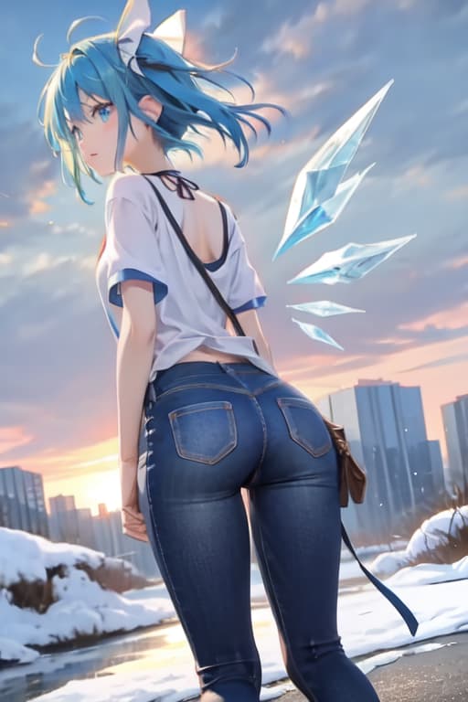  Cirno, from behind, jeans, bent over, ice wings, skinny