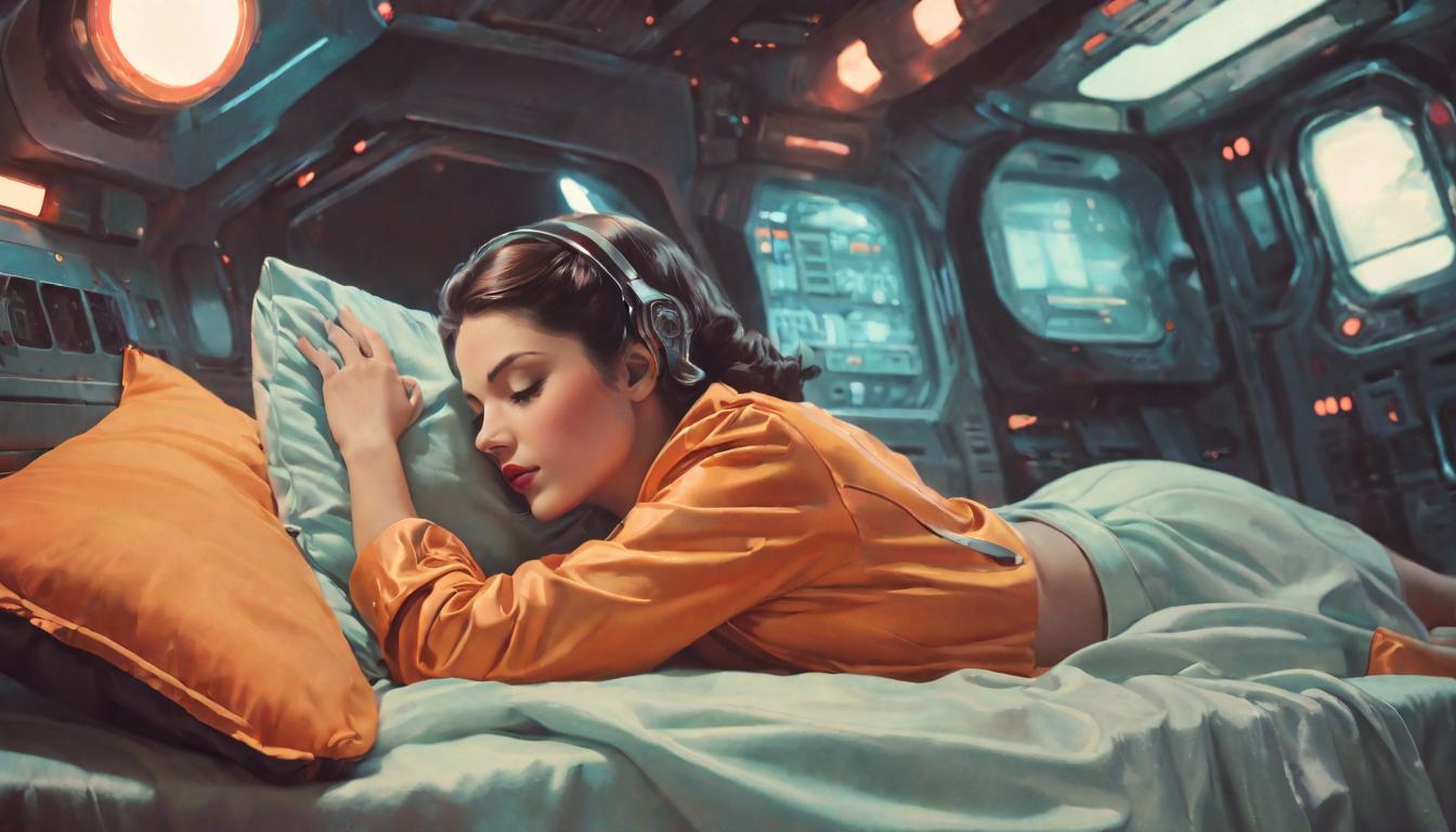  retro futuristic Person sleeping peacefully, calm expression, cozy setting, soft lighting lvintage sci fi, 50s and 60s style, atomic age, vibrant, highly detailed