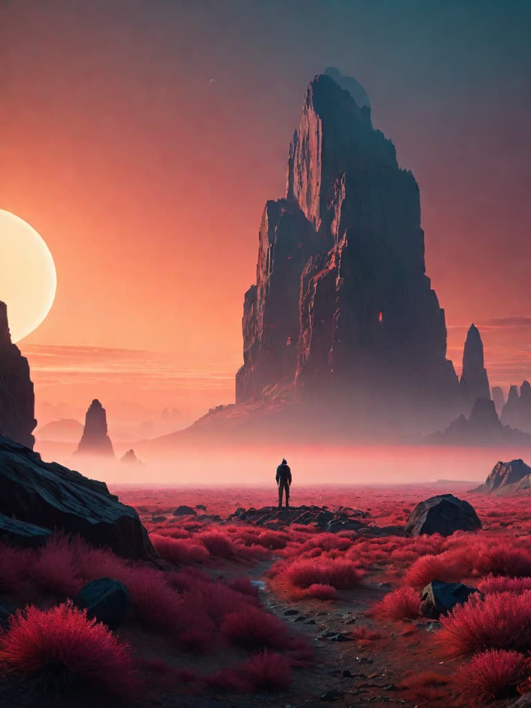  minimalist, carbonite planet, infrared picture, soft colors, outdoors, field, giant sharp dark rocks, scenery, pale sun, fog, Simon Stlenhag style, very empty space, very wide angle, panoramic, realistic, highly detailed, realistic eyes, intricate details, detailed background, depth of field hyperrealistic, full body, detailed clothing, highly detailed, cinematic lighting, stunningly beautiful, intricate, sharp focus, f/1. 8, 85mm, (centered image composition), (professionally color graded), ((bright soft diffused light)), volumetric fog, trending on instagram, trending on tumblr, HDR 4K, 8K