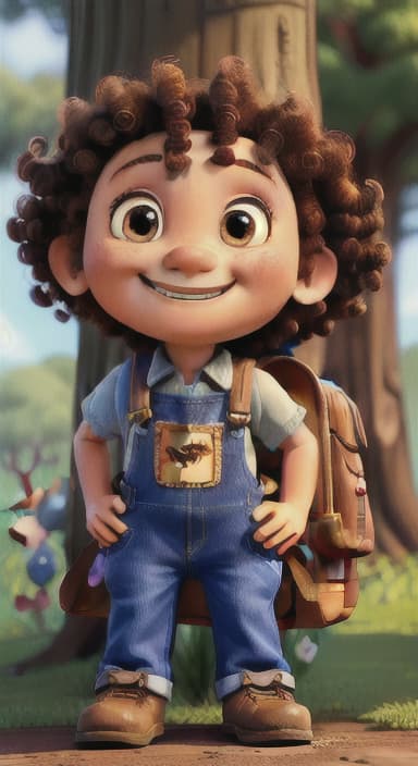  {The tree with a smiling face formed by its bark, looking down at Riley., Riley, a curious with big brown eyes and curly hair, wearing overalls and carrying a small backpack. Their friend, Skye, a bluebird with shiny feathers.