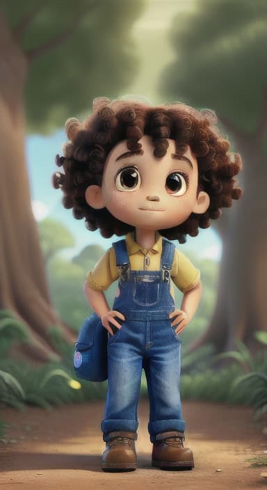  {The tree with a twinkling eye, while its leaves gently rustle., Riley, a curious with big brown eyes and curly hair, wearing overalls and carrying a small backpack. Their friend, Skye, a bluebird with shiny feathers.