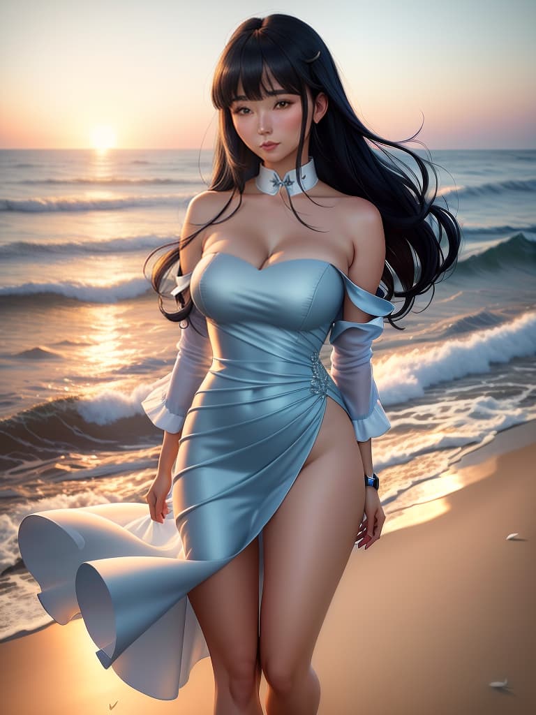  An cute and anime wearing blue china dress, black mid length hair with bangs, bare shoulders, bare arms, exudes feminine charm, greeny eyes with attractive lashes, full subtle mauve lipstick, large s covered by curved fit dress, blush, expression on face Background:serene beach at sunrise, soft golden sunlight reflecting on gentle waves, clear blue sky with light clouds, seashells scattered along the sandy shore, tranquil ocean horizon, seagulls in the distance, peaceful, pristine natural setting, soft foam on the edge of the waves, warm and inviting atmosphere, undisturbed shoreline. Dress:Business attire, silver luxury watch, white on up shirt with long sleeves and a neat collar, form fit hyperrealistic, full body, detailed clothing, highly detailed, cinematic lighting, stunningly beautiful, intricate, sharp focus, f/1. 8, 85mm, (centered image composition), (professionally color graded), ((bright soft diffused light)), volumetric fog, trending on instagram, trending on tumblr, HDR 4K, 8K