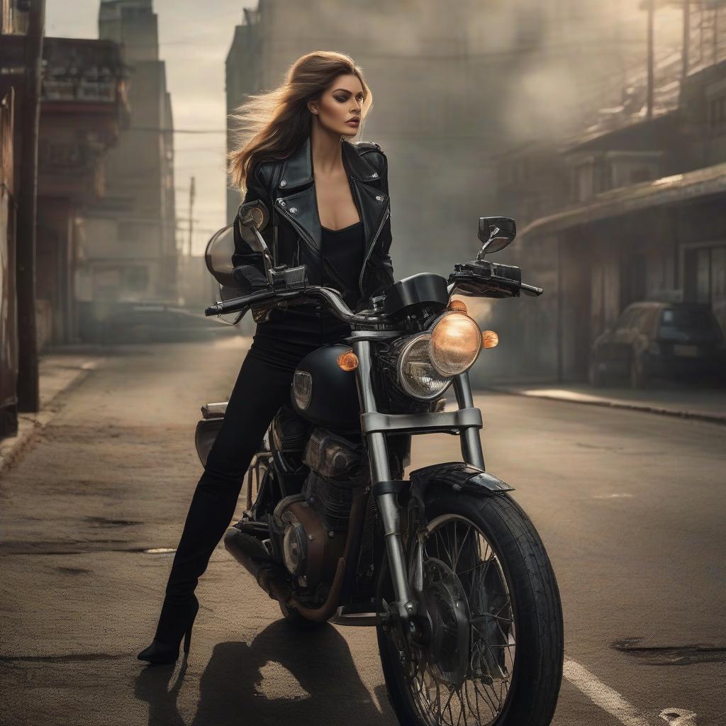  Vintage sad famous beauty in black dress on a motorcycle in the 1980s hyperrealistic, full body, detailed clothing, highly detailed, cinematic lighting, stunningly beautiful, intricate, sharp focus, f/1. 8, 85mm, (centered image composition), (professionally color graded), ((bright soft diffused light)), volumetric fog, trending on instagram, trending on tumblr, HDR 4K, 8K