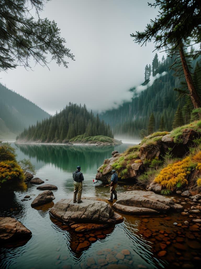  guys on a fishing trip hyperrealistic, full body, detailed clothing, highly detailed, cinematic lighting, stunningly beautiful, intricate, sharp focus, f/1. 8, 85mm, (centered image composition), (professionally color graded), ((bright soft diffused light)), volumetric fog, trending on instagram, trending on tumblr, HDR 4K, 8K