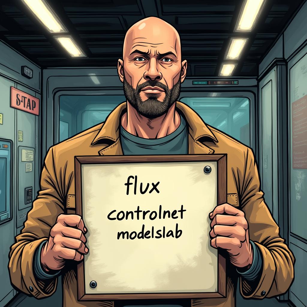  comic style, dwayne johnson holding a notice board where it is written 'flux controlnet on modelslab'.