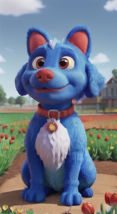  {The red ball nestled in a bed of colorful flowers like daisies and tulips, The big blue dog is large with sky blue fur, big round eyes, a black nose, and floppy ears.