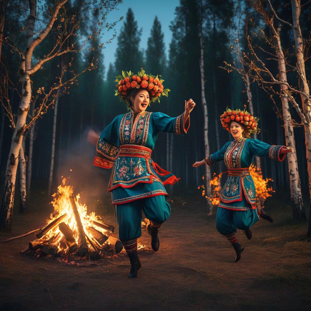  pixel art Cover of a music single, surrealism, square format, drawn little people dancing and jumping over a fire while wearing Russian folk costumes with head wreaths and Russian birch trees, summer, night, Ivan Kupala holiday. . low res, blocky, pixel art style, 8 bit graphics hyperrealistic, full body, detailed clothing, highly detailed, cinematic lighting, stunningly beautiful, intricate, sharp focus, f/1. 8, 85mm, (centered image composition), (professionally color graded), ((bright soft diffused light)), volumetric fog, trending on instagram, trending on tumblr, HDR 4K, 8K