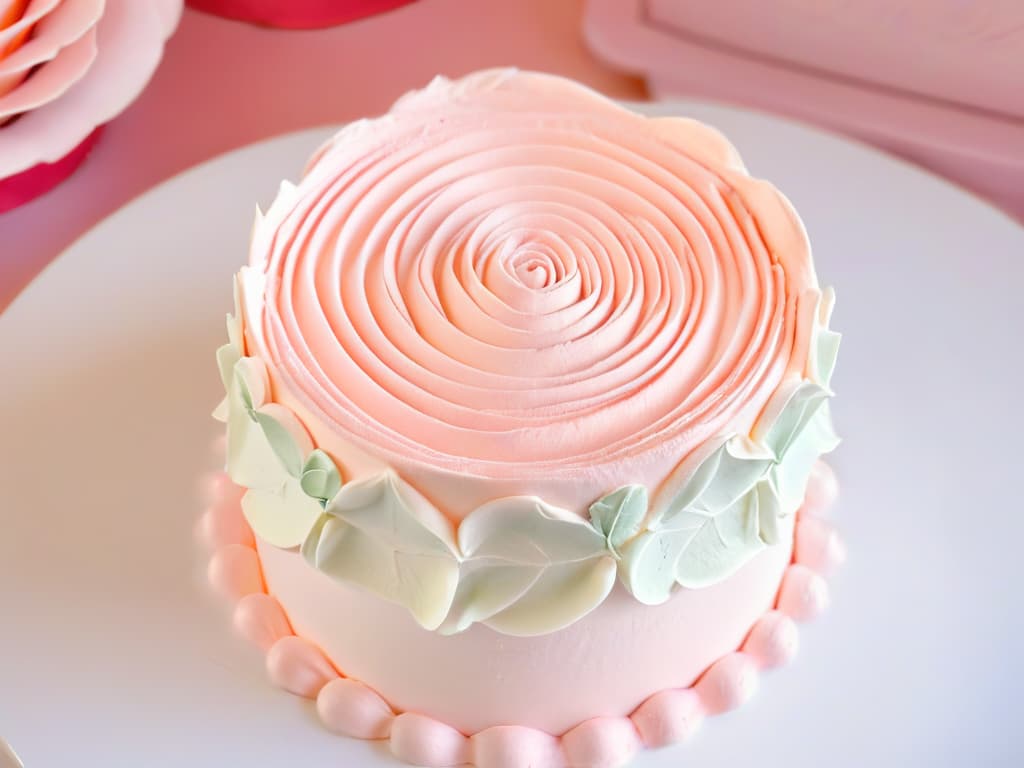  A closeup, ultradetailed image of a perfectly piped rose made of delicate pink buttercream icing, showcasing intricate layers and textures. The focus is on the precision and artistry of the piping work, with each petal and swirl of icing clearly defined. The background is a soft, blurred pastel palette to enhance the minimalistic feel, allowing the viewer to appreciate the skill and detail of the pastry decoration. hyperrealistic, full body, detailed clothing, highly detailed, cinematic lighting, stunningly beautiful, intricate, sharp focus, f/1. 8, 85mm, (centered image composition), (professionally color graded), ((bright soft diffused light)), volumetric fog, trending on instagram, trending on tumblr, HDR 4K, 8K