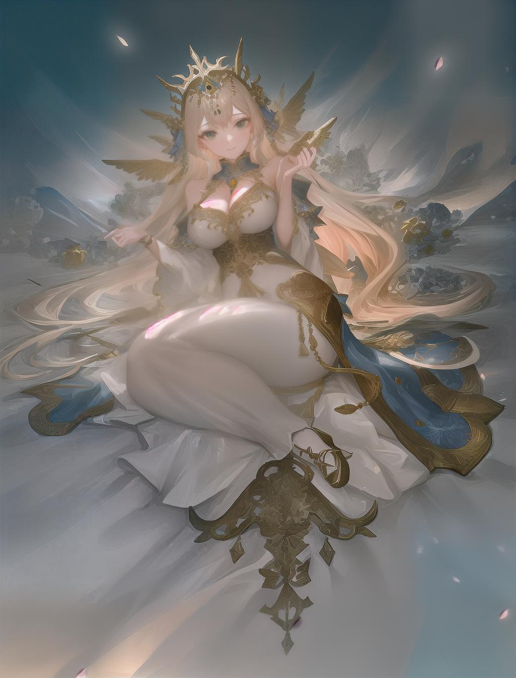  (best quality, 8k, masterpiece:1. 2), close up portrait, sharp focus, alluring goddess, ethereal beauty, perched on a cloud, fantasy illustration, enchanting gaze, captivating pose, delicate wings, otherworldly charm, mystical sky, moonlit night, full moon, soft colors, artstation, painting, detailed, vignette, hdr, (close up:1. 1) , hyperrealistic, full body, detailed clothing, highly detailed, cinematic lighting, stunningly beautiful, intricate, sharp focus, f/1. 8, 85mm, (centered image composition), (professionally color graded), ((bright soft diffused light)), volumetric fog, trending on instagram, trending on tumblr, HDR 4K, 8K hyperrealistic, full body, detailed clothing, highly detailed, cinematic lighting, stunningly beautiful, intricate, sharp focus, f/1. 8, 85mm, (centered image composition), (professionally color graded), ((bright soft diffused light)), volumetric fog, trending on instagram, trending on tumblr, HDR 4K, 8K
