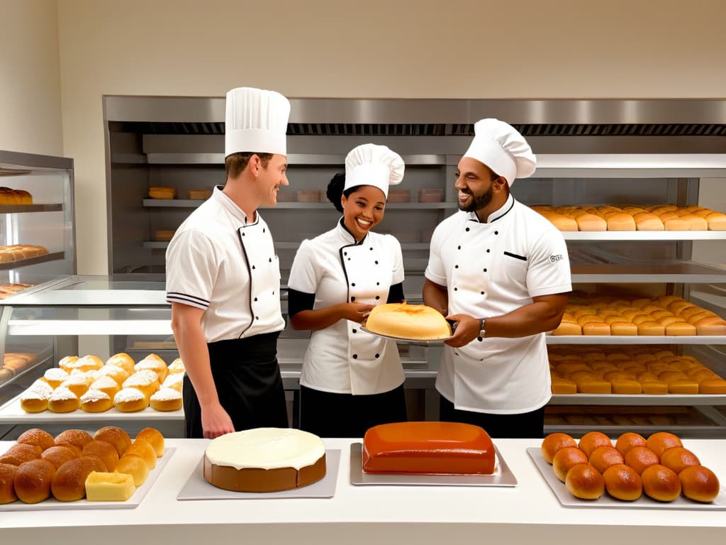  A minimalist illustration of a group of diverse characters, such as a baker, a chef, a storyteller, and a customer, all interacting in a bakery setting. The characters are depicted in a sleek, modern style with clean lines and a neutral color palette. The scene conveys a sense of collaboration, creativity, and community, emphasizing the integration of characters and licenses in bakery merchandising through storytelling. hyperrealistic, full body, detailed clothing, highly detailed, cinematic lighting, stunningly beautiful, intricate, sharp focus, f/1. 8, 85mm, (centered image composition), (professionally color graded), ((bright soft diffused light)), volumetric fog, trending on instagram, trending on tumblr, HDR 4K, 8K