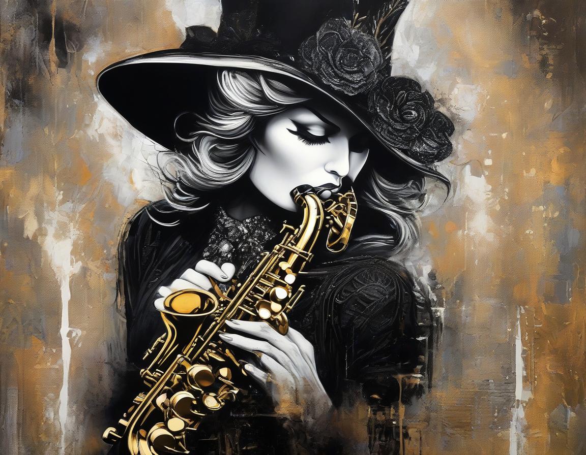  concept art An exquisite depiction of woman in a black hat playing the saxophone, with Louis Jover and Drew Darcy inspired style. The artwork is highly detailed, elegant, and intricate, featuring dynamic lighting and imperial colors. It is a stunning piece with a surreal and ultra realistic touch, created using oil on canvas with a focus on sharp details . digital artwork, illustrative, painterly, matte painting, highly detailed hyperrealistic, full body, detailed clothing, highly detailed, cinematic lighting, stunningly beautiful, intricate, sharp focus, f/1. 8, 85mm, (centered image composition), (professionally color graded), ((bright soft diffused light)), volumetric fog, trending on instagram, trending on tumblr, HDR 4K, 8K