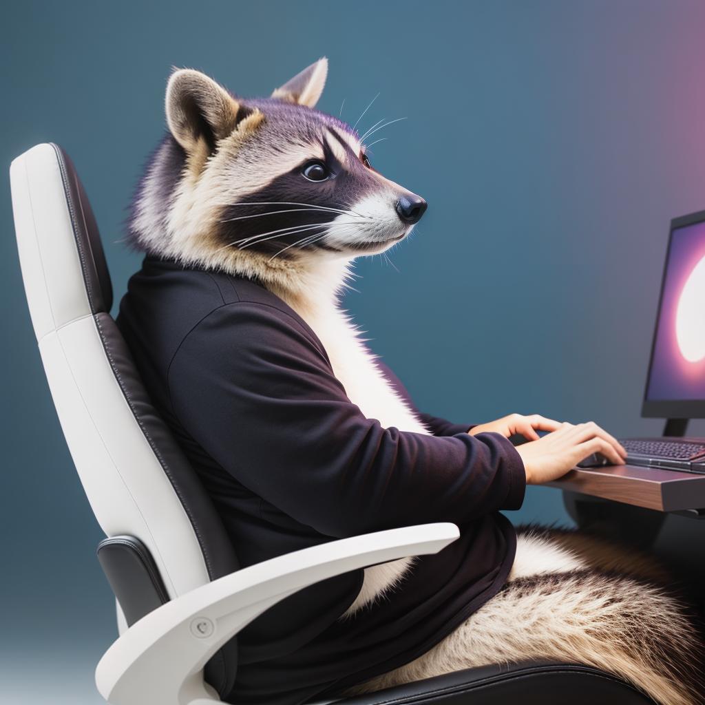  raccoon sitting in gaming chair front a computer on desktop, ((semi anthropomorphic)),(full body), tail, belly, sitting, fat, (chubby), (((white background))), solo, desktop, gaming chair, side view,  [[[clothes]]] hyperrealistic, full body, detailed clothing, highly detailed, cinematic lighting, stunningly beautiful, intricate, sharp focus, f/1. 8, 85mm, (centered image composition), (professionally color graded), ((bright soft diffused light)), volumetric fog, trending on instagram, trending on tumblr, HDR 4K, 8K