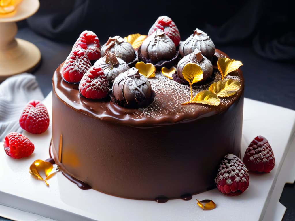  A closeup, ultrahigh resolution image of a glossy, mirrorglazed chocolate cake adorned with delicate gold leaf flakes and fresh raspberries, set against a sleek, black backdrop. The glaze reflects a soft, warm light, highlighting the intricate details of the dessert and creating a visually striking, minimalistic composition that exudes elegance and sophistication. hyperrealistic, full body, detailed clothing, highly detailed, cinematic lighting, stunningly beautiful, intricate, sharp focus, f/1. 8, 85mm, (centered image composition), (professionally color graded), ((bright soft diffused light)), volumetric fog, trending on instagram, trending on tumblr, HDR 4K, 8K