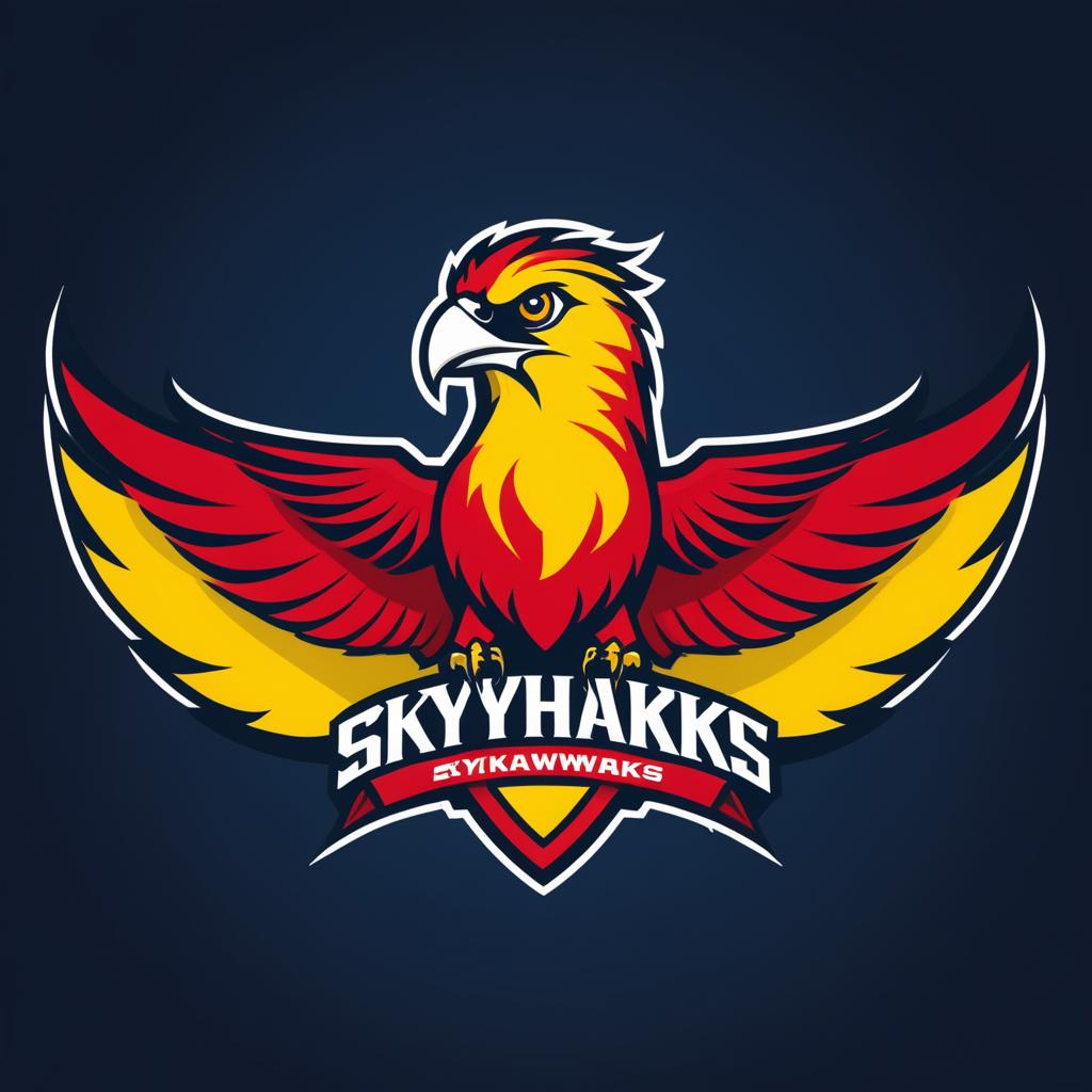  Logo, Sports logo with a Red and Yellow bird that says  Skyhawks