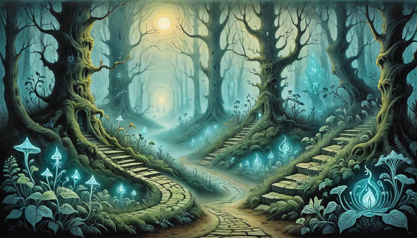  on parchment, surrealism+++, Winding labyrinthine path in a dense foggy forest, paths forking, dimly illuminated by bioluminescent plants, ethereal, sense of journey(mysterious, provocative, symbolic,muted color)+++