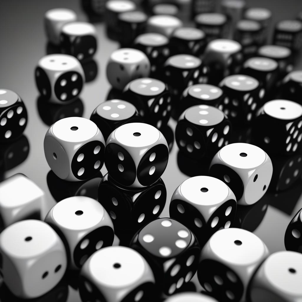  5 black colored dices surrounding 1 white colored dice, high quality, highly detailed, sharp focus, 4K, 8K