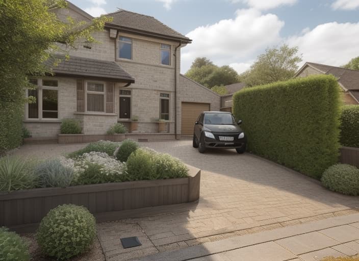  front garden redesigned with a new tarmac drive, wooden planters to the right of the drive, trees and bushes removed, photorealistic, contrast, high quality, hyper realistic, clear features, highly detailed, natural lighting, sharp focus, f/1. 8, 85mm, high contrast, HDR 4K, 8K