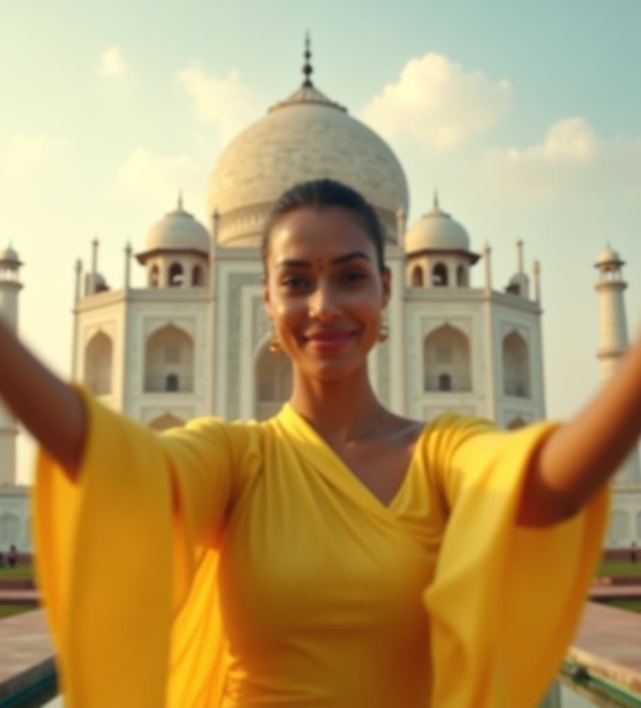  good quality, high quality, ((an indian woman wearing a light yellow, long sleeved outfit)) ((((((her hands are extended towards the camera))))), creating a dynamic and immersive perspective, poses gracefully against taj mahal with dusky clouds background, the composition features (((((a low angle shot))))) that emphasizes her movement and expression, conveying a sense of freedom and elegance, the focus is on the woman, with a slight blur on her hands to enhance depth, the lighting is natural, casting soft shadows and ((((((enhancing))))) the serene, airy mood, perfect detail perfect focus hyper real ultra realism ultra real high definition ultra high definition cinematic shot dynamic lighting 75mm technicolor panavision cinemascope sharp 