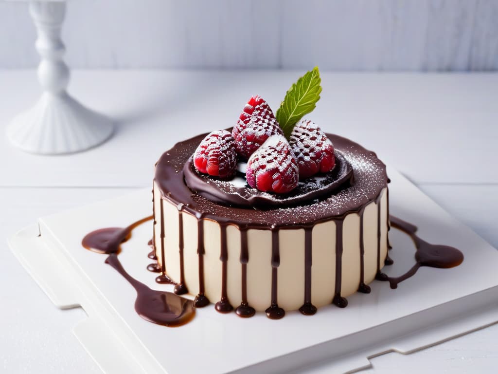  An image of a perfectly symmetrical, minimalist dessert plate featuring a single exquisite piece of dark chocolate ganache cake placed in the center. The cake is elegantly garnished with a delicate drizzle of chocolate sauce and a single fresh raspberry on top. The plate itself is pure white, enhancing the rich, dark tones of the chocolate and the vibrant red of the raspberry. The lighting is soft and diffused, casting a gentle glow over the dessert, highlighting its simple yet sophisticated presentation. hyperrealistic, full body, detailed clothing, highly detailed, cinematic lighting, stunningly beautiful, intricate, sharp focus, f/1. 8, 85mm, (centered image composition), (professionally color graded), ((bright soft diffused light)), volumetric fog, trending on instagram, trending on tumblr, HDR 4K, 8K