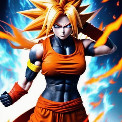  Female super sayan, red goku kostüm. Perfekt body. Sayan hair, fire eyes, fire hands, dead planet burn. 4k