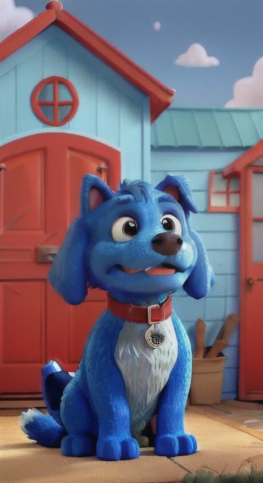  {Max the big blue dog standing in front of a cozy little house with a red door, The big blue dog is large with sky blue fur, big round eyes, a black nose, and floppy ears.