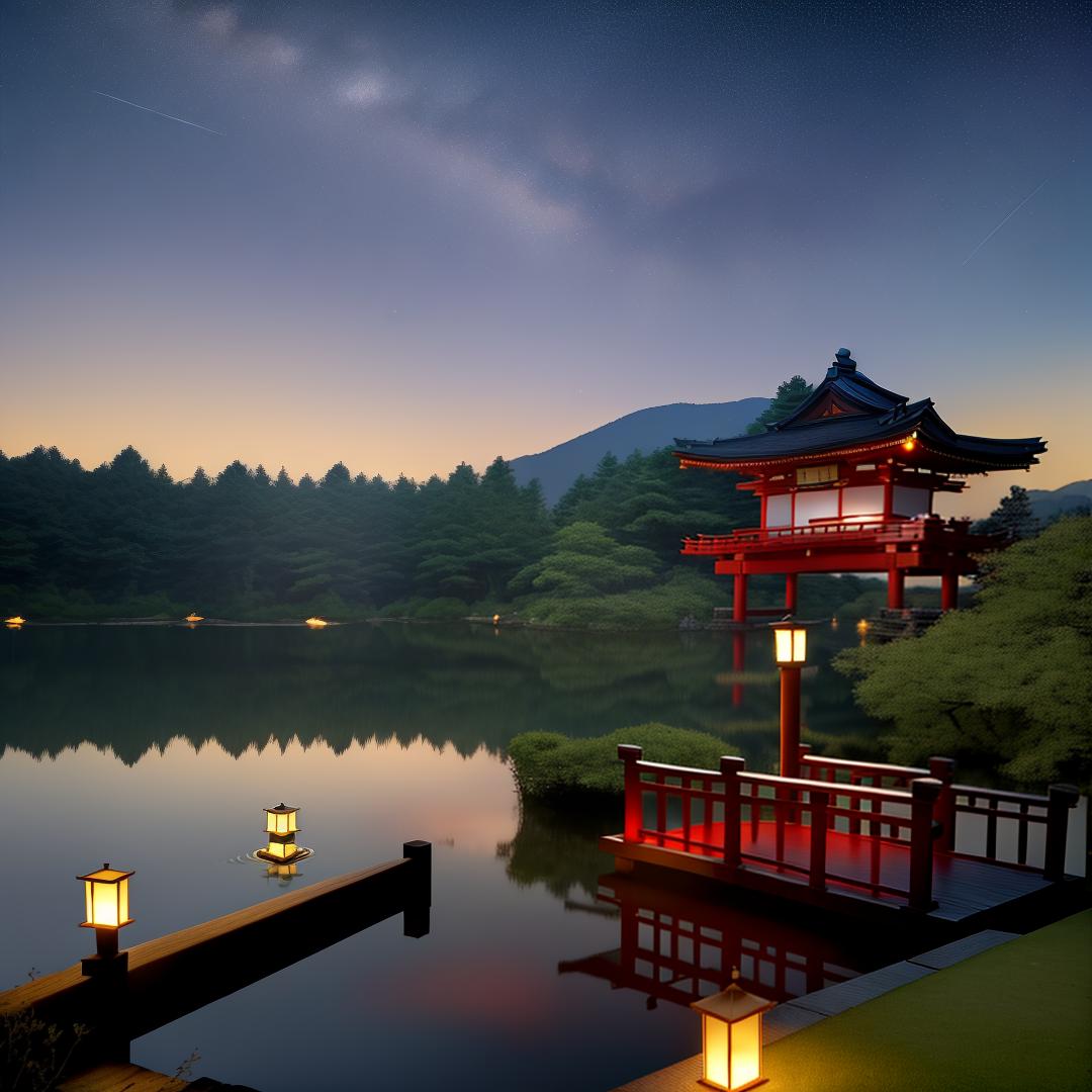  masterpiece, best quality, (Fidelity: 1.4), Best Quality, Masterpiece, Ultra High Resolution, 8k resolution, A night view inspired by Japanese art, featuring a garden illuminated by paper lanterns and a wooden bridge spanning a tranquil lake, by the lakeside, there is a small Zen temple. The water reflects the starry sky.