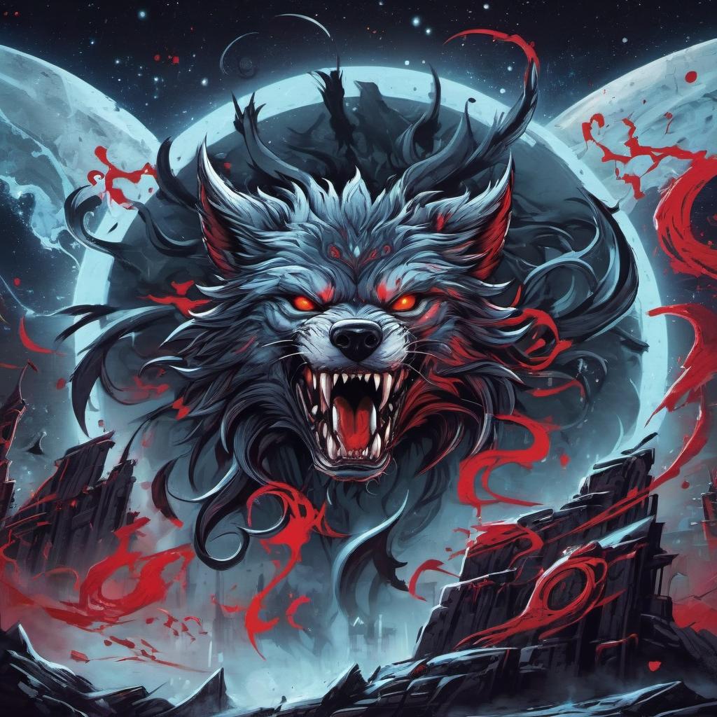  graffiti style Logo, detailed Fenrir from Norse mythology on a moonlit background, 4K, horror, cruelty, blood . street art, vibrant, urban, detailed, tag, mural