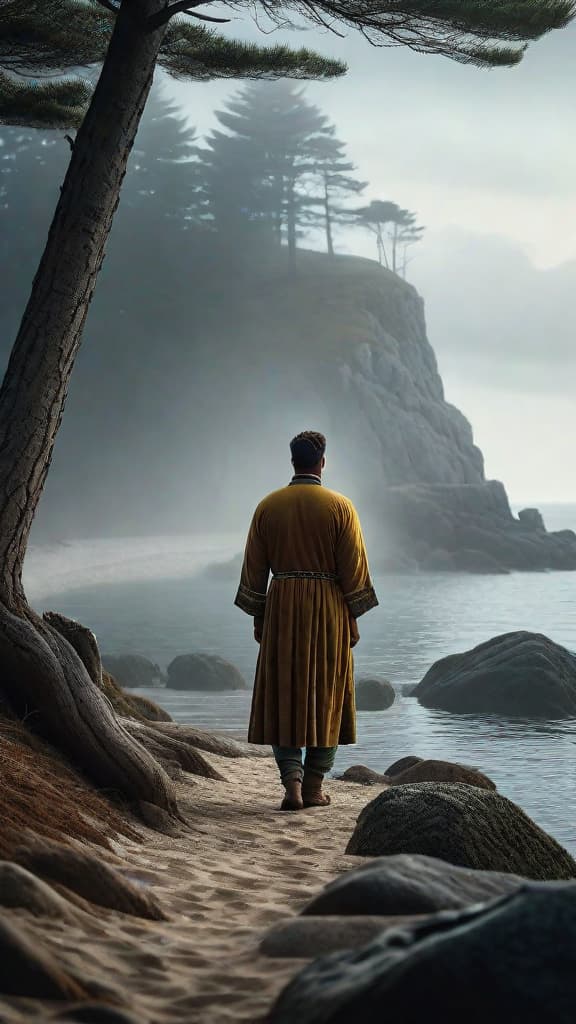  (A small coastal village surrounded by ancient, whispering pines. The sea is unusually calm, with a thick mist that muffles sound. In the distance, a large ornate bottle is seen bobbing gently in the water.) hyperrealistic, full body, detailed clothing, highly detailed, cinematic lighting, stunningly beautiful, intricate, sharp focus, f/1. 8, 85mm, (centered image composition), (professionally color graded), ((bright soft diffused light)), volumetric fog, trending on instagram, trending on tumblr, HDR 4K, 8K