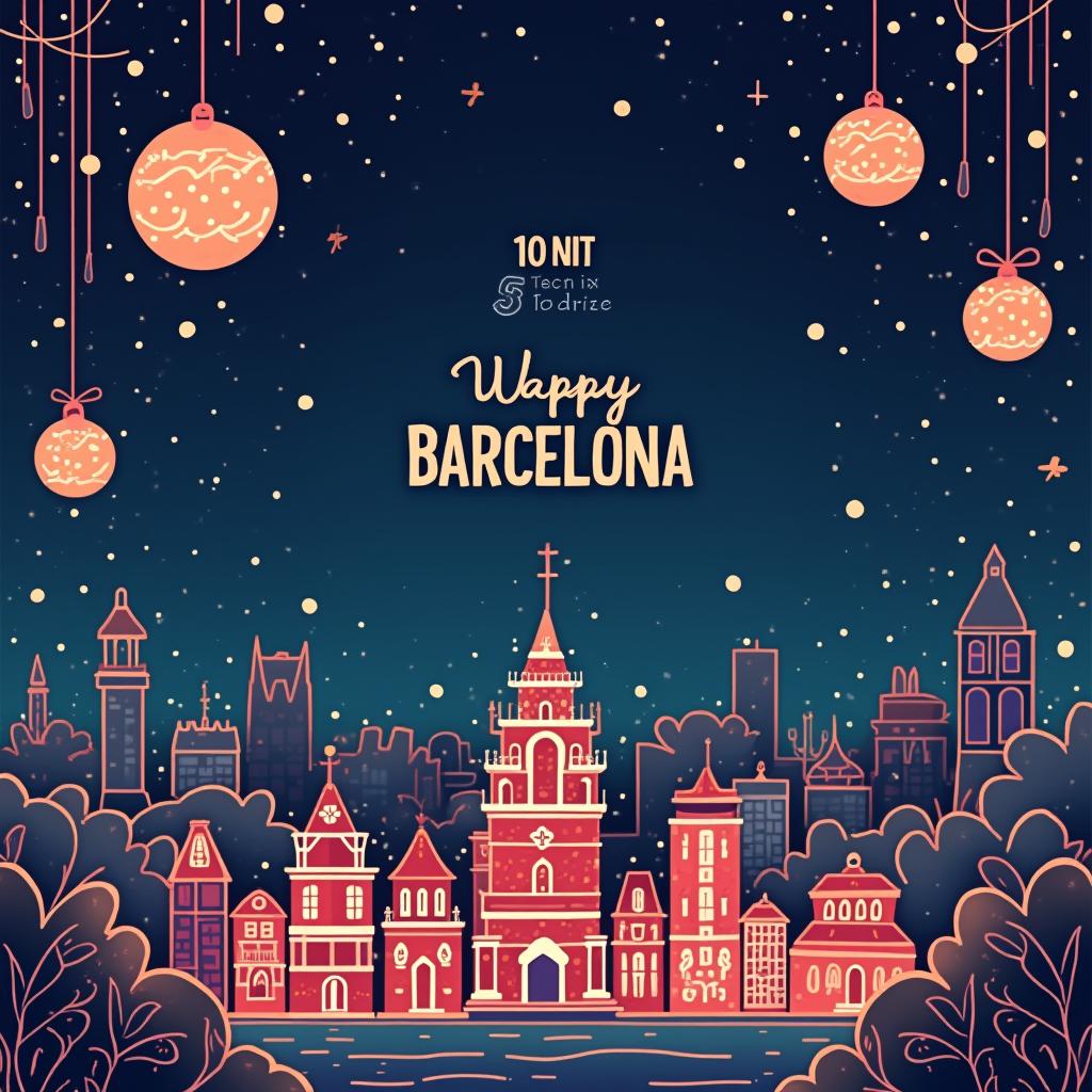  create an instagram story background for the ad promoting a christmas techno party in barcelona featuring shapes of barcelona with subtle christmas elements and a techno culture vibe, flat vector design, write welcome to the party text.