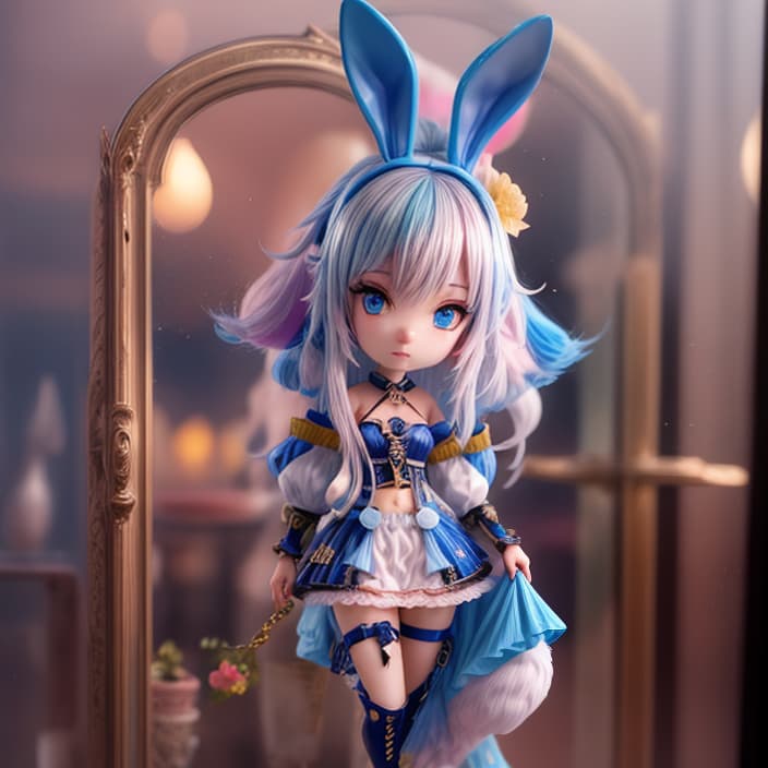  anime style digital rendering,Avatar, chibi bunny girl grey lop eared rabbit shape haired blue highlights blue eyes with yellow pupils hyperrealistic, full body, detailed clothing, highly detailed, cinematic lighting, stunningly beautiful, intricate, sharp focus, f/1. 8, 85mm, (centered image composition), (professionally color graded), ((bright soft diffused light)), volumetric fog, trending on instagram, trending on tumblr, HDR 4K, 8K