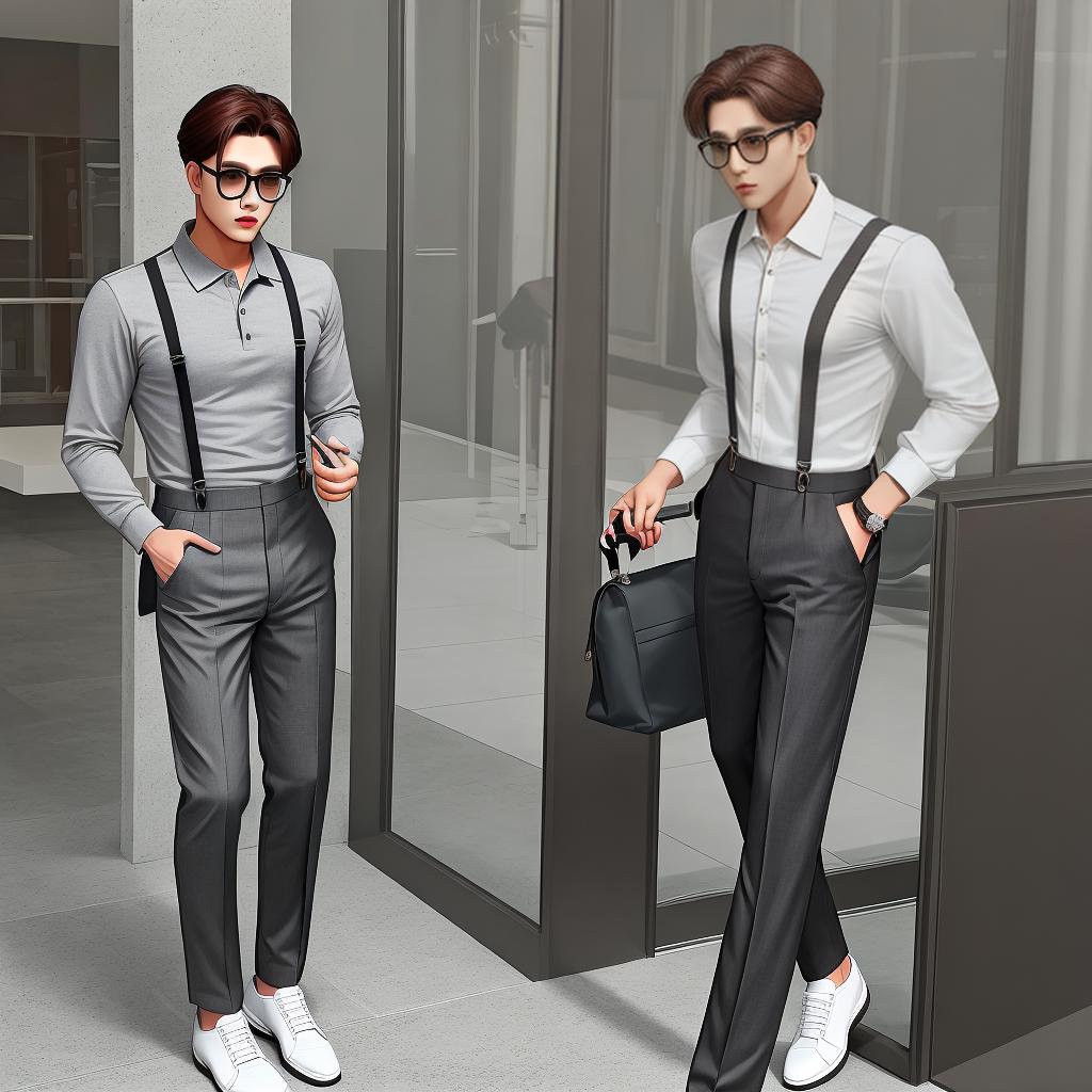  masterpiece, best quality,A man in black long sleeve polo with dark brown suspenders, gray trousers, white shoes and a round eyeglass,