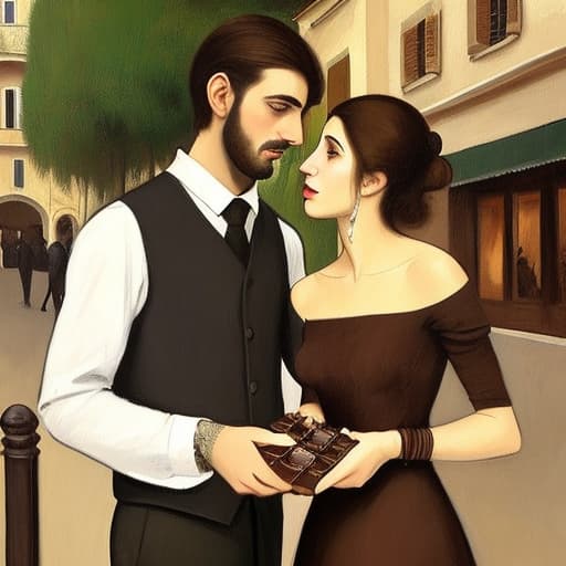  Attractive Beautiful young modern Italian couple dressed in modern designer attire looking. Foreground is plates of fine dark chocolates. Background expensive Italian restaurant . Painting style of Edgar Degas