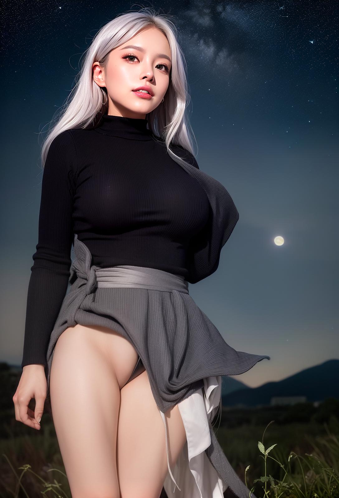  Highest quality, 4K, high resolution, realistic, night sky, moon, star, beautiful woman, full time smile, big eyes, plump breasts, narrow waist, outstanding style, narrow ankle, wide landscape photo , Light Silver colored hair, (seen from below, the sky is above, and the open field is below), a beautiful woman standing up in the flower garden, (full moon: 1.2), (meteor: 0.9), (star cloud : 1.3), distant mountains, trees destroy art, (warm light: 1.2), (fireflies: 1.2), light, purple and orange, complex details, volumetric lighting break (masterpiece: 1.2), (( Maximum quality), 4K, super detail, (dynamic configuration: 1.4), rich colors, (rainbow color: 1.2), (shine, lighting with atmosphere), dreamy, magic, (alone : 1.2), (Masterpiece, B