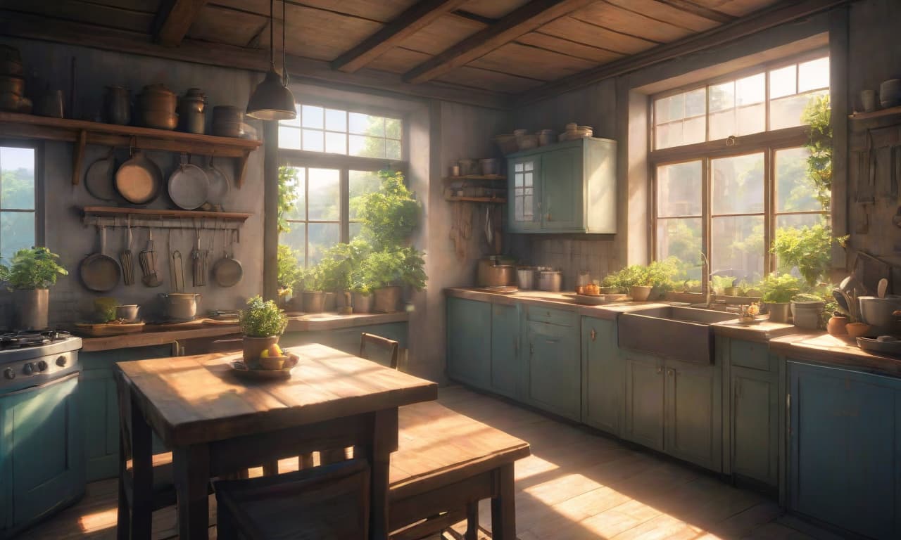  anime artwork A middle aged house of the poor, the kitchen in the window, the sun shines brightly. . anime style, key visual, vibrant, studio anime, highly detailed hyperrealistic, full body, detailed clothing, highly detailed, cinematic lighting, stunningly beautiful, intricate, sharp focus, f/1. 8, 85mm, (centered image composition), (professionally color graded), ((bright soft diffused light)), volumetric fog, trending on instagram, trending on tumblr, HDR 4K, 8K