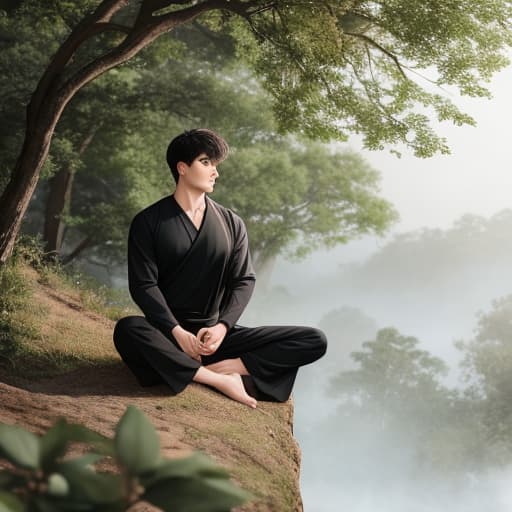  A boy meditating, handsome, in black clothes, in nature hyperrealistic, full body, detailed clothing, highly detailed, cinematic lighting, stunningly beautiful, intricate, sharp focus, f/1. 8, 85mm, (centered image composition), (professionally color graded), ((bright soft diffused light)), volumetric fog, trending on instagram, trending on tumblr, HDR 4K, 8K