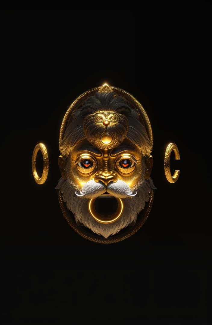  A golden statue of a monkey with a glowing eye and a crescent moon on its forehead, An inverted image of a face with a mustache and beard., hyperrealistic, high quality, highly detailed, perfect lighting, intricate, sharp focus, f/1. 8, 85mm, (centered image composition), (professionally color graded), ((bright soft diffused light)), trending on instagram, HDR 4K, 8K