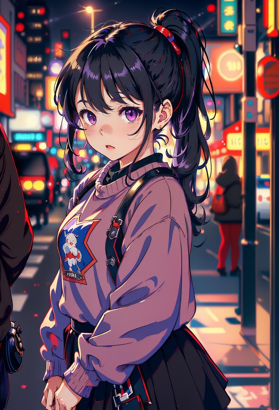  ((trending, highres, masterpiece, cinematic shot)), 1girl, chibi, female sweater, city scene, very long curly black hair, side ponytail,  purple eyes, personality, bored expression, red skin, magical, observant