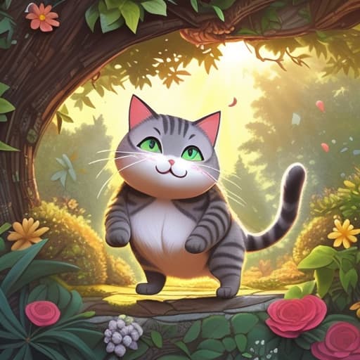  watercolor, storybook, Prompt: Imagine a scene in a magic-like garden filled with colors and scribbles on foliage and tree barks. Under the bright sunshine, a small grey cat is having a delightful time. The cat, with sharp, curious eyes, is seen cautiously the scribbles on a large leaf with its front paw, enjoying its shape and color. Also, the cat is found cheerfully running around the garden, jumping amidst leaves with scribbles, and exploring the texture and patterns found on the barks of an imaginative tree. After a joyful climb to the top of the tree, the grey cat gazes keenly upon the world below, filled with multi-colored scribbles and green leaves. Back on the ground, the cat is seen playing with  hyperrealistic, full body, detailed clothing, highly detailed, cinematic lighting, stunningly beautiful, intricate, sharp focus, f/1. 8, 85mm, (centered image composition), (professionally color graded), ((bright soft diffused light)), volumetric fog, trending on instagram, trending on tumblr, HDR 4K, 8K