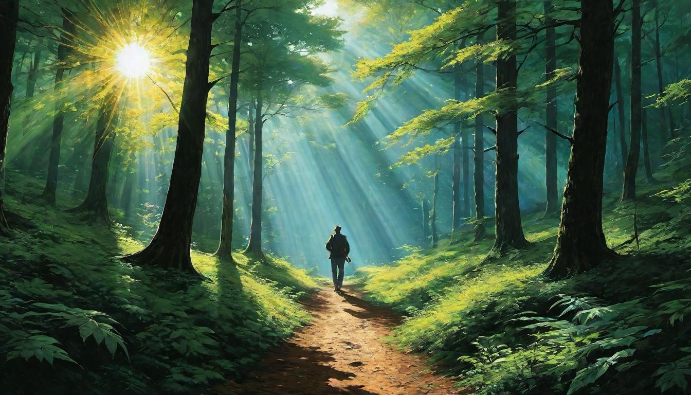  （surrealism)Person walking in a dense forest, sunlight filtering through leaves, connection with nature, calm, steady, natural energy flow mystic, intricate details, best quality)