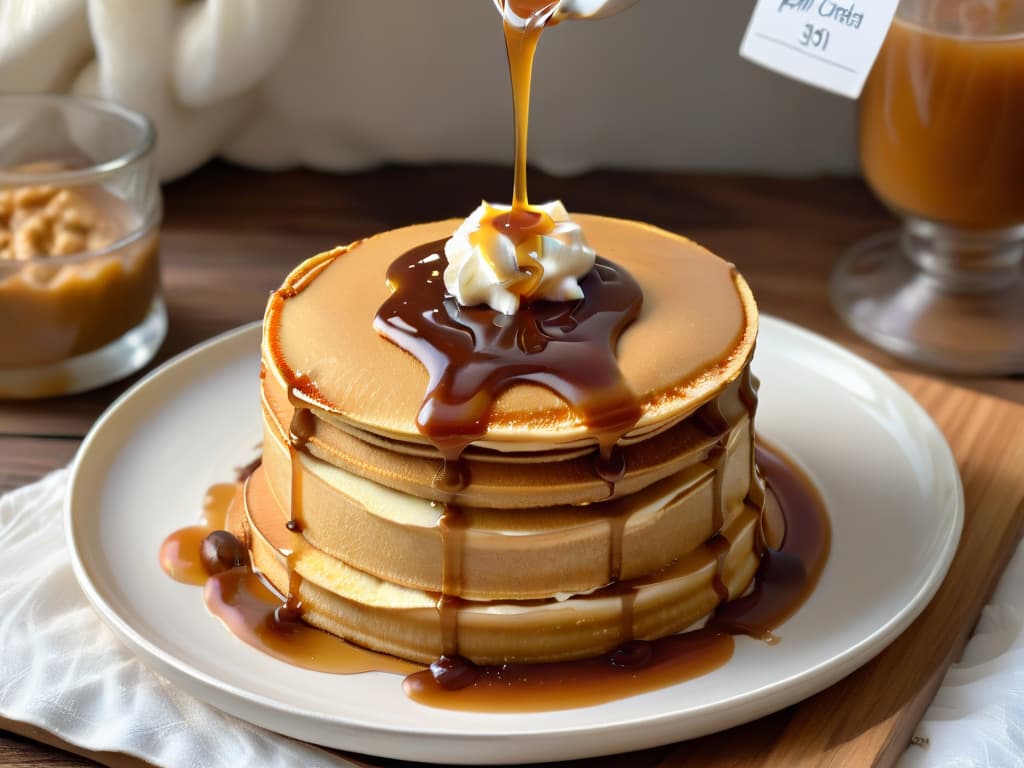  A closeup, ultradetailed image of a creamy dollop of dulce de leche being drizzled onto a stack of whole grain pancakes, with the rich caramel sauce slowly cascading down the sides. The dulce de leche glistens under a soft, diffused natural light, highlighting its decadent texture and inviting golden hue. The pancakes are arranged neatly on a rustic wooden plate, adding a touch of warmth and authenticity to the scene. hyperrealistic, full body, detailed clothing, highly detailed, cinematic lighting, stunningly beautiful, intricate, sharp focus, f/1. 8, 85mm, (centered image composition), (professionally color graded), ((bright soft diffused light)), volumetric fog, trending on instagram, trending on tumblr, HDR 4K, 8K