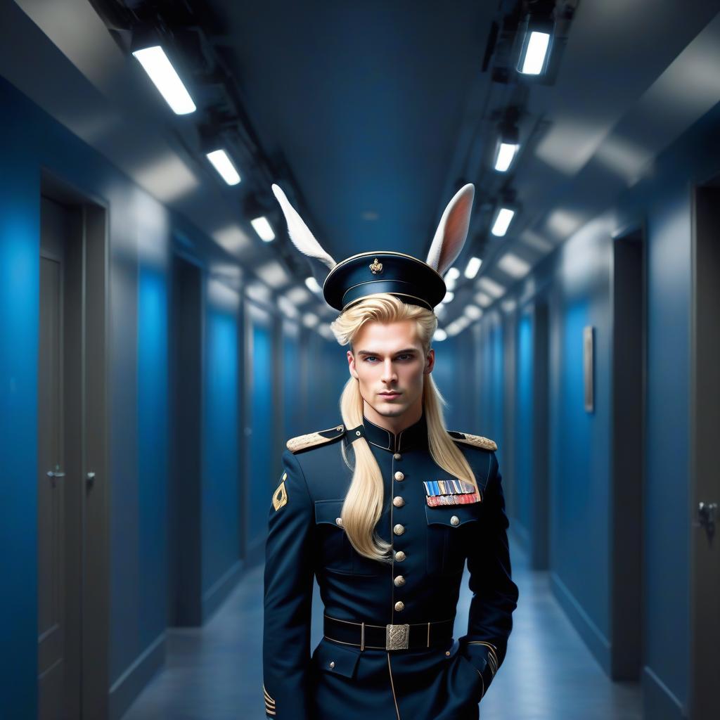  A realistically beautiful young man a blonde, on his head are ears like a rabbit's long hair, his eyes are yellow, and he's wearing trousers in black military uniform walking down a corridor lit by blue spotlights, sharp focus, bright and clear eyes, well drawn details, bright and lively eyes, a beautiful portrait illustration, a portrait in fantasy style, blue and white flashes, bright colors, bright eyes, fantasy art, intricate design, highly detailed, clear focus, 8k, high resolution, elegant. hyperrealistic, full body, detailed clothing, highly detailed, cinematic lighting, stunningly beautiful, intricate, sharp focus, f/1. 8, 85mm, (centered image composition), (professionally color graded), ((bright soft diffused light)), volumetric fog, trending on instagram, trending on tumblr, HDR 4K, 8K